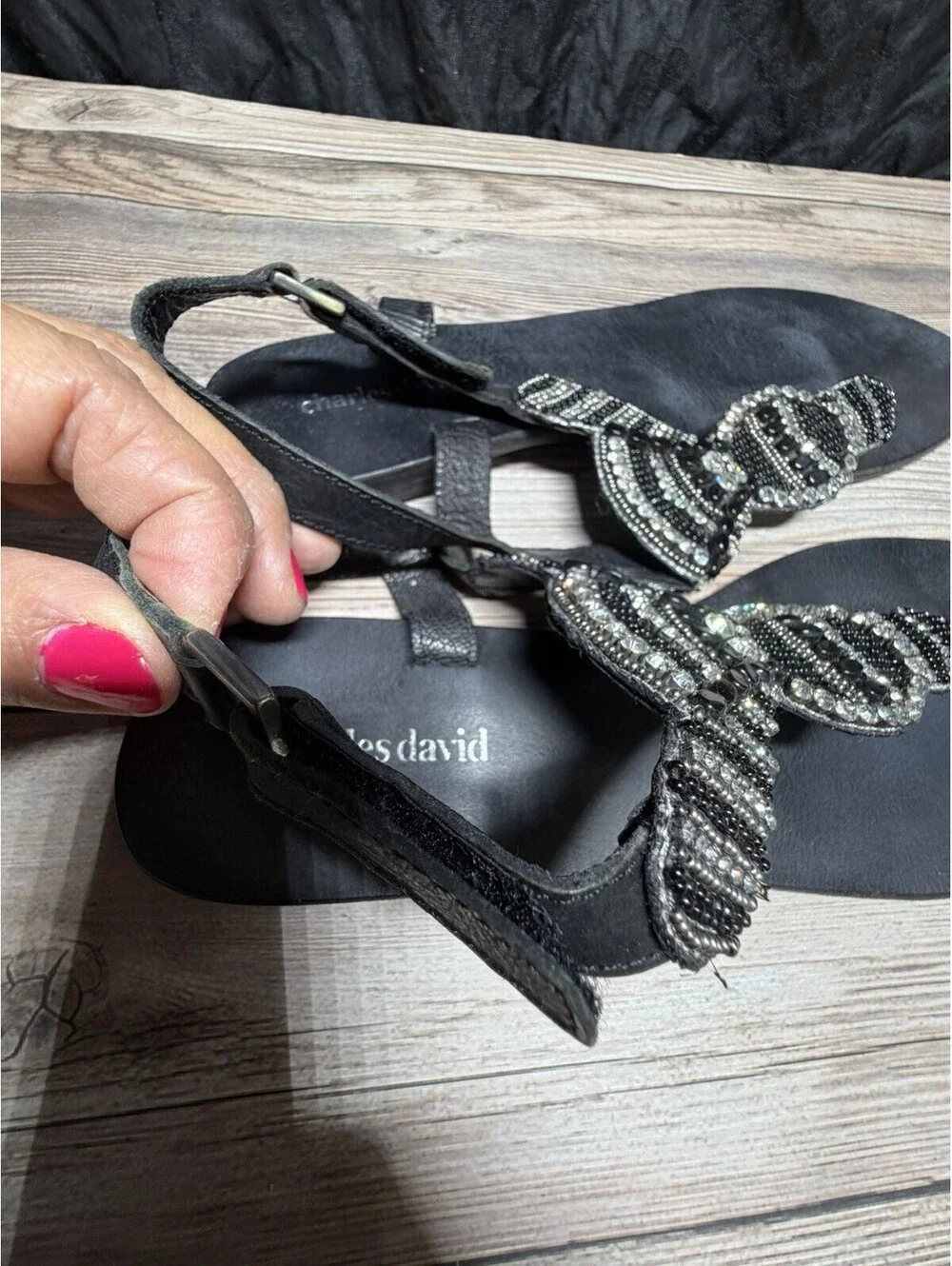 Charles David Sandals Sz 8 Black Leather Beaded Rhinestones